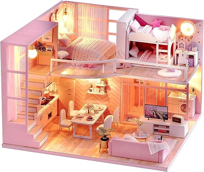 TuKIIE DIY Miniature Dollhouse Kit with Furniture, 1:24 Scale Creative Room Mini Wooden Doll House Accessories Plus Dust Proof & Music Movement for Kids Teens Adults(Dream Angels)