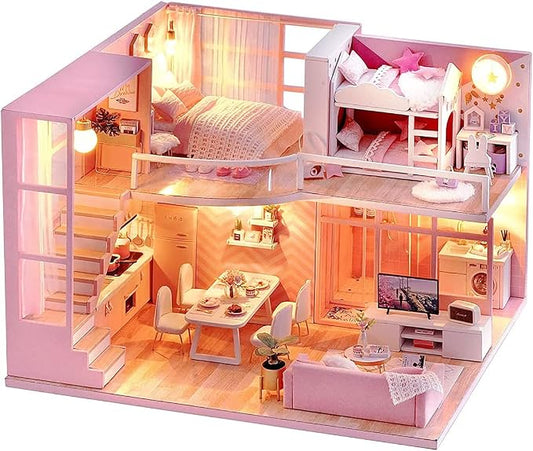 TuKIIE DIY Miniature Dollhouse Kit with Furniture, 1:24 Scale Creative Room Mini Wooden Doll House Accessories Plus Dust Proof & Music Movement for Kids Teens Adults(Dream Angels)