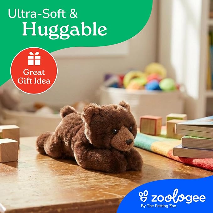 The Petting Zoo Brown Bear Stuffed Animal Plushie, Gifts for Kids, Scoopz Wildlife Animals, Bear Panda Plush Toy, 8 inches