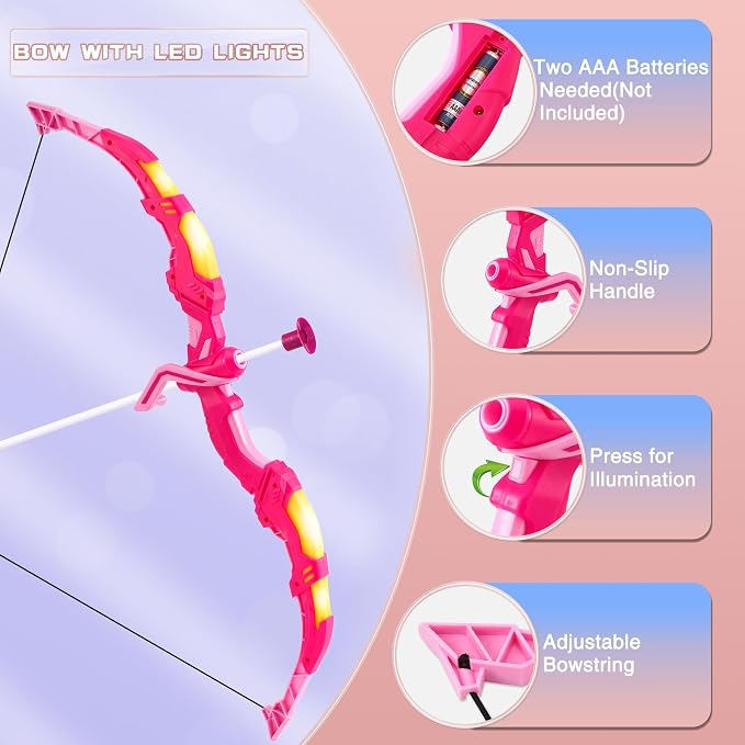 Bow and Arrow Set for Kids, 2 Pack LED Light Up Archery Set with 20 Suction Cup Arrows, Indoor and Outdoor Toy for Boys Girls Age 4-8 8-12 with Standing Target&2 Quivers, Birthday Gift 3-12 Years Old