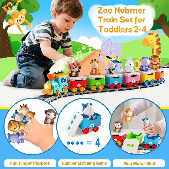 Zoo Animal Train Toys for Toddlers 2-4, Kids Electric Train Set with Music, Steam & Lights, Montessori Learning Toys with Finger Puppets, Christmas Birthday Gifts for Boys Girls Age 18 Months+