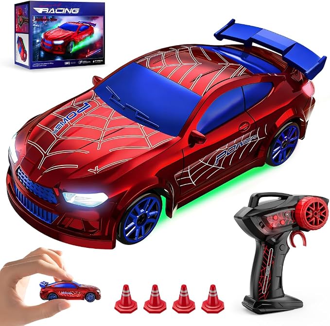 Mini RC Drift Car 1:64 Scale, Remote Control Car with LED Lights & 2-Speed Modes, 2.4GHz Stunt Drifting RC Toys with 4 Obstacles, Hobby Gift for Kids & Adults, Red