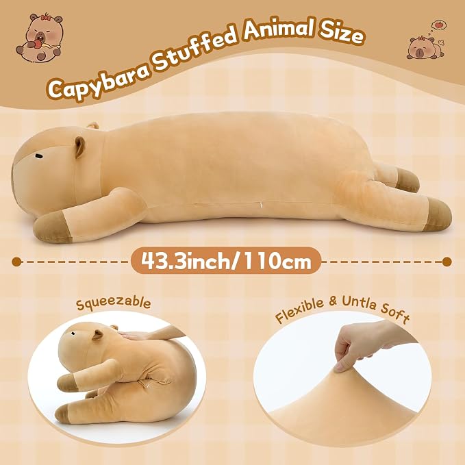 MorisMos 43.3" Long Capybara Plush Body Pillow, Capybara Stuffed Animal, Cute Capybara Pillow Plushie, Sleeping Body Pillow for Cuddling, Perfect Christmas Valentine's Birthday Gift for Kids & Adults