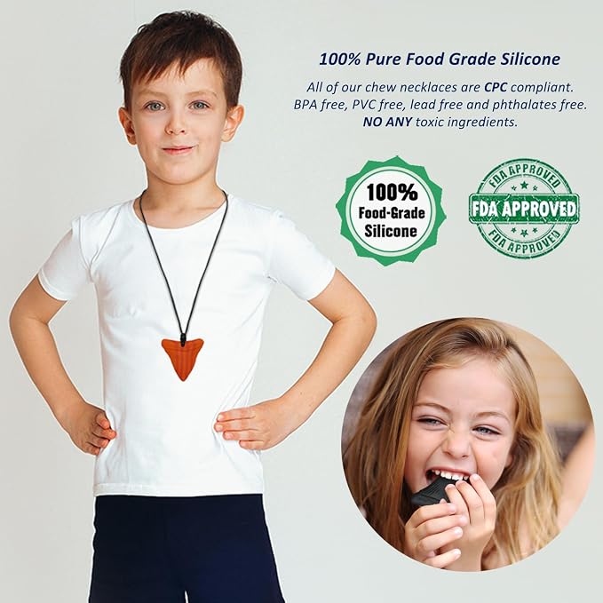 Chewy Necklace Sensory for Kids and Adults, Shark Tooth Silicone Autism Chew Toys Sensory for Boys Girls with ADHD, Anxiety, SPD, 6 Pack Chewing Necklace - BPA Free