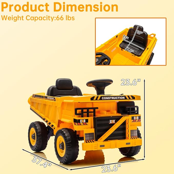12V Ride On Dump Truck Kids Ride On Car for Kids, Battery Powered Electric Car with Remote Control, Electric Dump Bed, Wear-Resistant Tires, 4 Wheels Tractor Ride On Toys, Yellow
