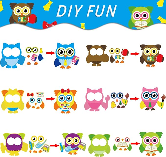 30 PCS Back to School Crafts First Day of School Owl Sticker Craft Kits for Preschool Kids Colorful DIY Bulk Owls Themed Bulletin Board Cutouts Classroom Game Activities Party Favors