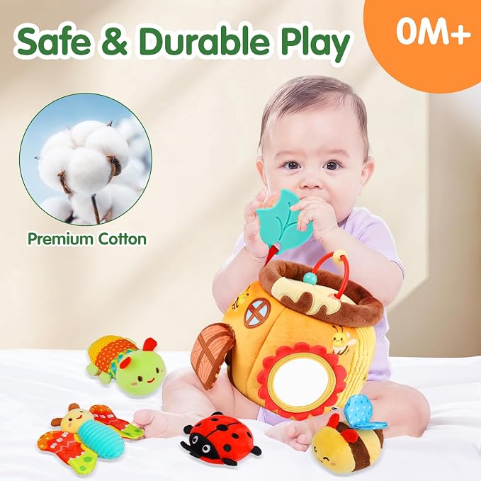 Baby Toys 6-12 Months - Soft Beehive with 5 Stuffed Animals, Rattle, Crinkle, Mirror, Montessori Sensory Toys for Babies 6 7 8 9 10 Month Old Boy Girl 1 Year Old Birthday Shower Gifts Toddler Ages 0-2