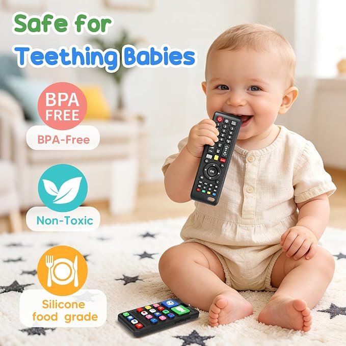 2 Pack Baby Teething Toys 3-6 6-12 Months, BPA Free Silicone Phone and TV Remote Teether Toys for Baby 12-18 Months, Baby Chew Toys for Teething Relief, Newborn Shower Gifts for Boys Girls