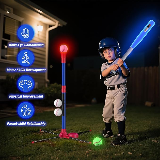 HYES 3-in-1 LED Baseball Set for Kids 3-5 - Tee Ball Stand, Hanging Tee, Ball Launcher and 4 Softballs - Adjustable Height, Indoor/Outdoor Sport Gifts for Boys Girls, Blue