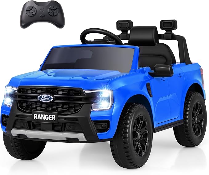 Licensed Ford Ranger Ride on Pickup Truck by INFANS, 12V Battery Powered Electric Vehicle for Kids with Remote Control, Headlight, Power Display, Bluetooth, MP3, Music, Aged 3-6 Years (Blue)