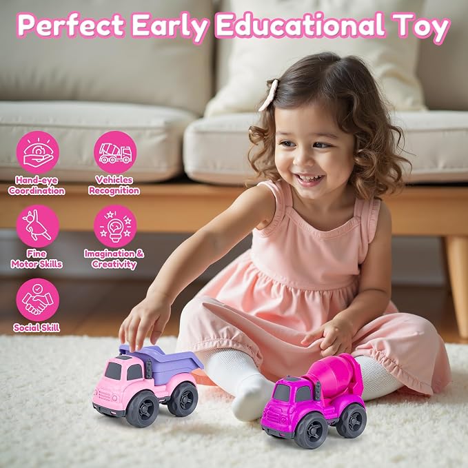 Aigitoy Dump Truck Toys for 3 Year Old Boys, BPA Free, Phthalates Free, PVC, Dump Truck, Mixer Cement, Easter Christmas Birthday Gifts for 2 3 4 Year Boy Girl. Dishwasher Safe,Recycled Plastic (Pink)