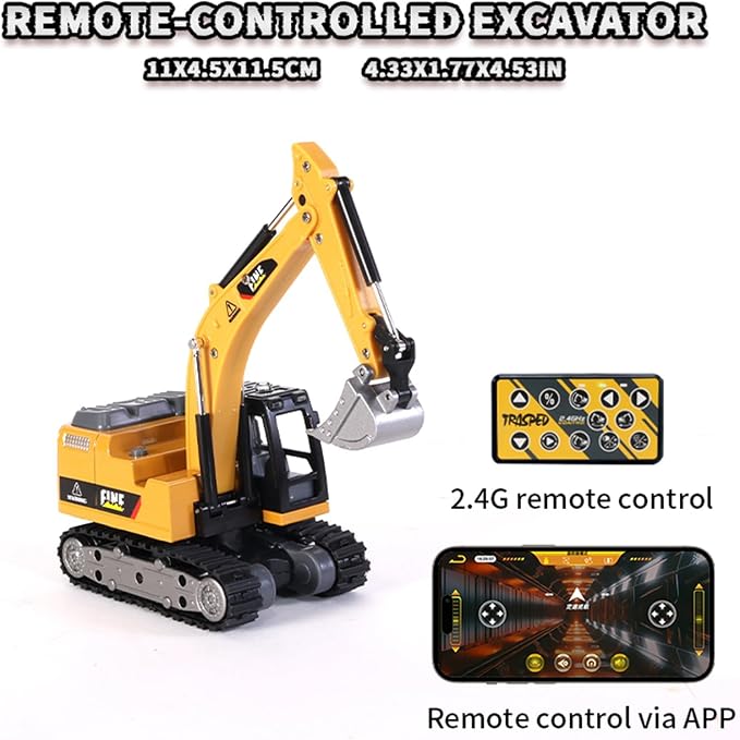 GRANTLEY 1/64 Remote Control RC Excavator Toy,Metal Rechargeable Mini Excavator Toy,RC Construction Vehicles with Lights & Sounds,STEM Birthday Gift for Boys and Girls Ages 4-12