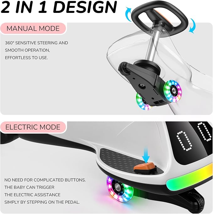 Umatoll 12V Electric Wiggle Car for Kids with Pedal, Display, Rechargeable Battery, LED Light, Bluetooth, Light-Up Wheels, Anti-Rollover, 2 Speeds, Ride on Toys, Birthday Gifts for Age 3+, 150Lbs