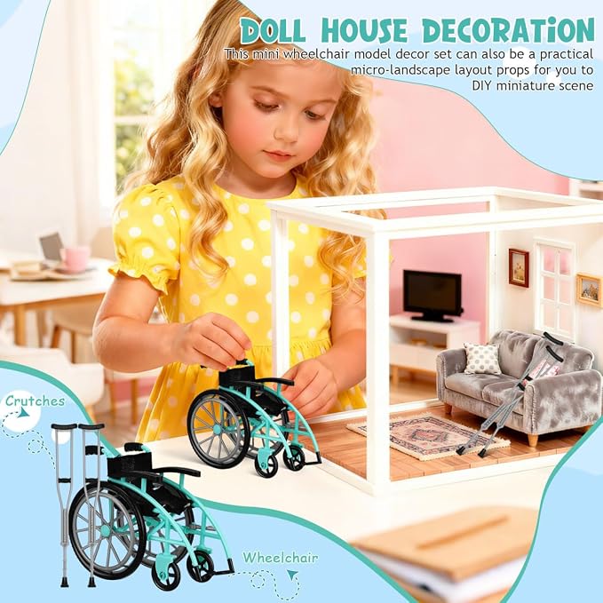 Garneck 1 Set of Green Miniature Wheelchair and Crutches Playset for Doll: Miniature Wheelchair Model for Dollhouse Furniture Accessories DIY Micro Scene Decor