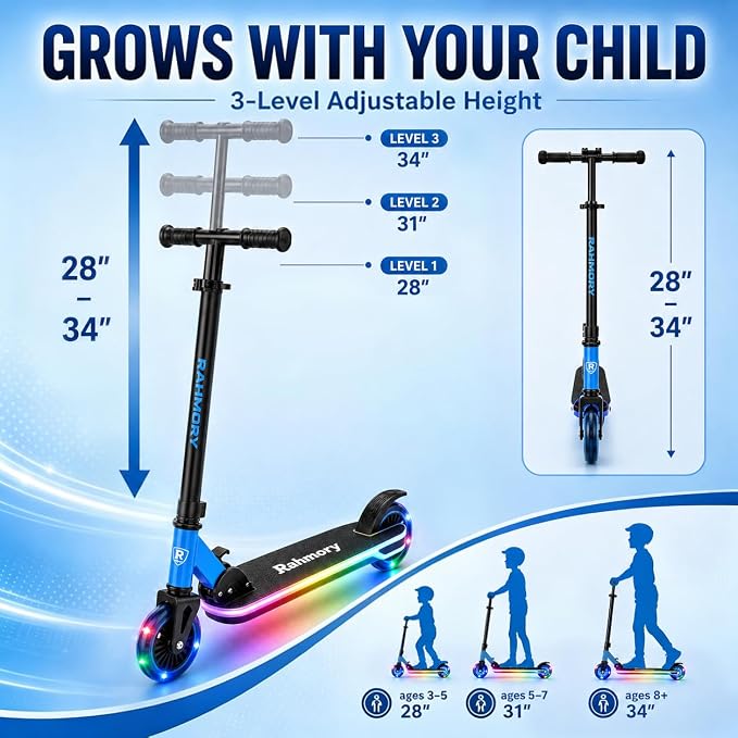 Rahmory Kick Scooter for Ages 5-12,Kid, Teens. Max Load 155 LBS. Foldable, Lightweight, with Light up Wheels and Dynamic Light Deck, Teen and Adults, 3 Adjustable Levels.