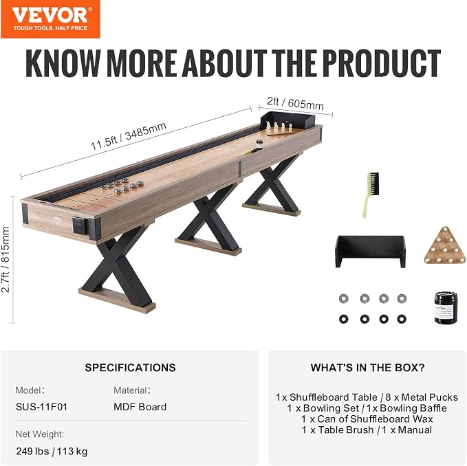 VEVOR Shuffleboard Table, 11.5 ft Shuffleboard for Family Game Rooms, 2 in 1 Shuffleboard and Bowling Combo Game Set, with Scratch-Resistant Playfield, Legs, 8 Pucks, Bowling Set, Wax, and Table Brush