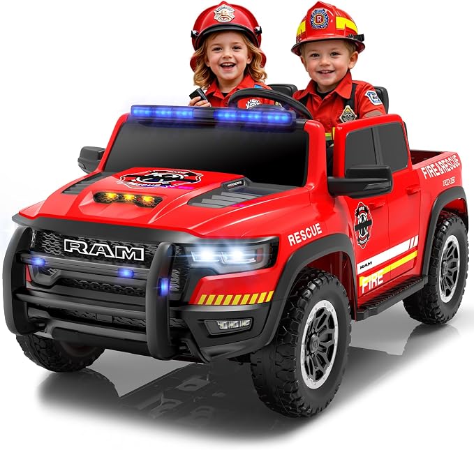 24V Ride On Fire Truck with Remote Control, 2 Seater RAM 1500 Electric Fire Engine for Kids, LED Lights, Siren & Megaphone, Slow Start, 3 Speeds, Spring Suspension, Battery Powered Ride On Car
