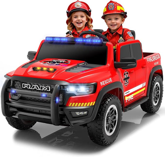 24V Ride On Fire Truck with Remote Control, 2 Seater RAM 1500 Electric Fire Engine for Kids, LED Lights, Siren & Megaphone, Slow Start, 3 Speeds, Spring Suspension, Battery Powered Ride On Car