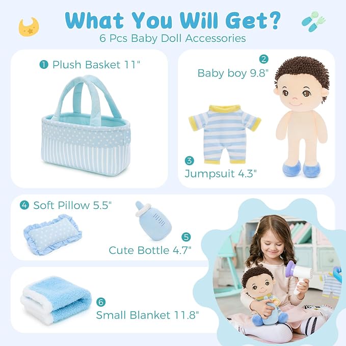 MaoGoLan 6Pcs Blue Baby Doll Set, 11'' Baby Doll Accessories, Soft Plush Doll with Portable Bassinet, Blanket, Bottle & Clothes, Pretend Play Set, Ideal Valentine Christmas Birthday Gift for Boys
