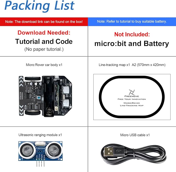 Freenove Micro:Rover Kit for BBC micro:bit (Not Included, Works with V1 & V2), Obstacle Avoidance, Light-tracing, Line-tracking, Remote Control, Playing Melody, Colorful lights, Blocks and Python Code