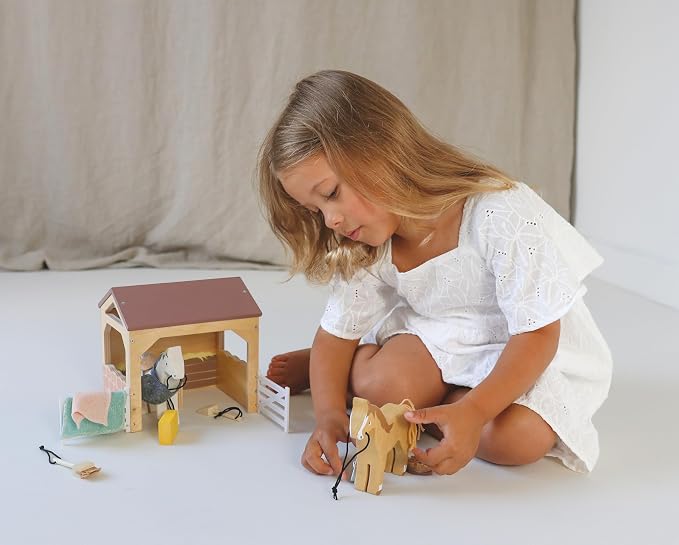 Tender Leaf Toys - The Stables - 13 Pcs Imaginative Horse Stables Play Set with and Accessories - Animal Learning Pretend Play and Promote Creativity - Age 3+