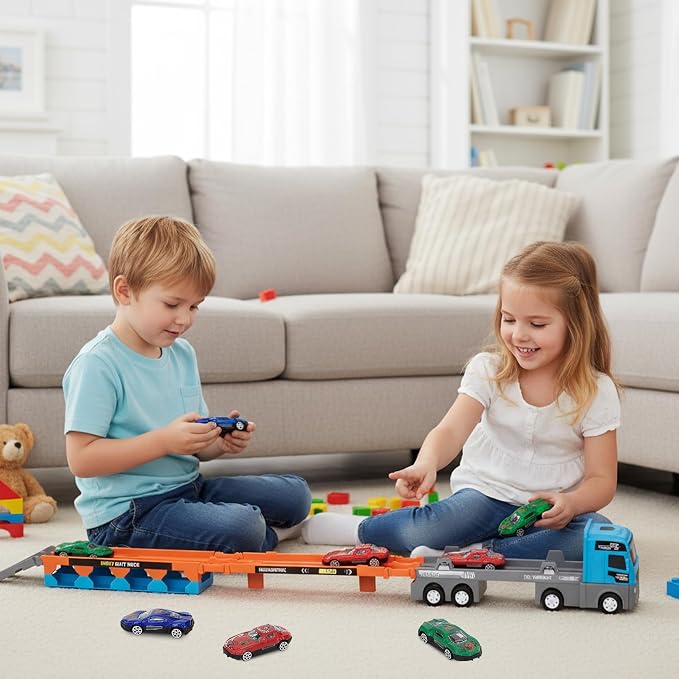 2-in-1 Foldable Race Track Truck Car Playset for 2-8 Years Old Boys Girls, Kids Truck Toys with Foldable 3 Layer Play Track & 24 Race Cars, Summer Toys Birthday Gifts for Toddlers