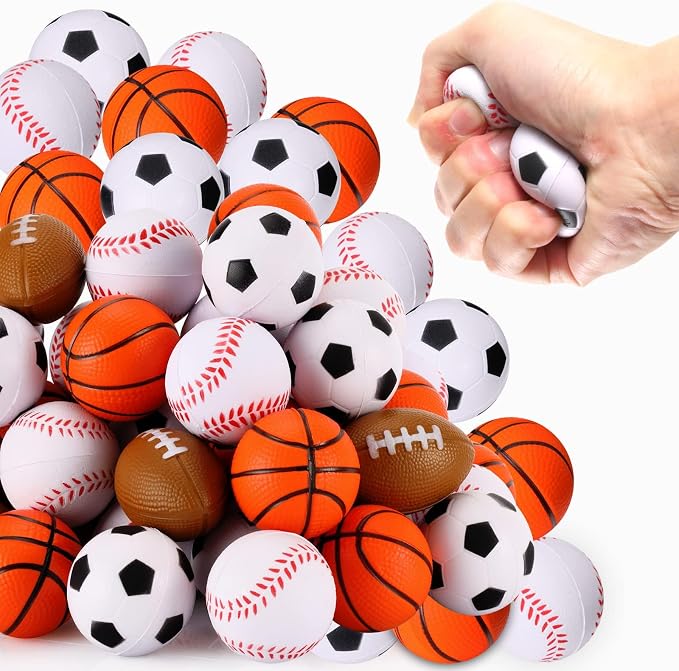 WELLVO Sports Party Favors 24 Pack 1.6 inch Sports Stress Relief Toys Goodie Bags Stuffers Mini Foam Fidget Toys for Stress Anxiety Relief Classroom Prizes Kids Return Gifts Birthday Party Favors