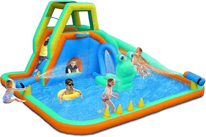 Bonnlo Inflatable Water Slide, Frog Design 8-in-1 Kids Water Park, with Climbing Wall, Blower Included, Backyard Summer Toy for Ages 3-8, Blue & Green