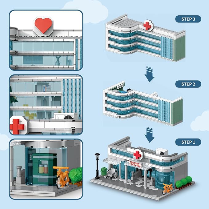 NEWABWN City Hospital Building Set Compatible with Lego, 1350 Pieces Modular 3-Story Medical Center with LED Lighting, Building Set for Adults and Kids Ages 10+, Gift for Boys and Girls
