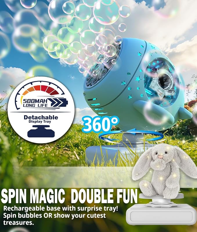 360° Rotating Bubble Machine for Kids, USB-C Rechargeable Bubble Toys with Switchable Toy Tray, Blow Bigger Bubbles, Colorful RGB Light, Outdoor Toy Gift for Toddlers 1-3, Parties, Wedding, Birthday