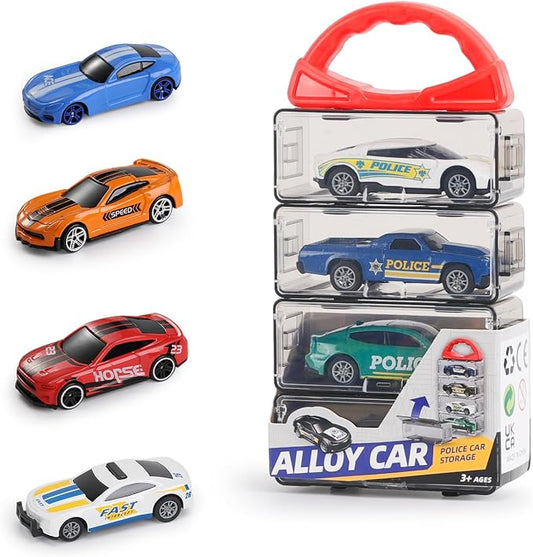 Die Cast Pull Back Toy Cars, 4 Pack 1:64 Mini Cars with | 4 pull-back die-cast mini cars with a portable storage case for racing, collecting, sharing, and travel play.