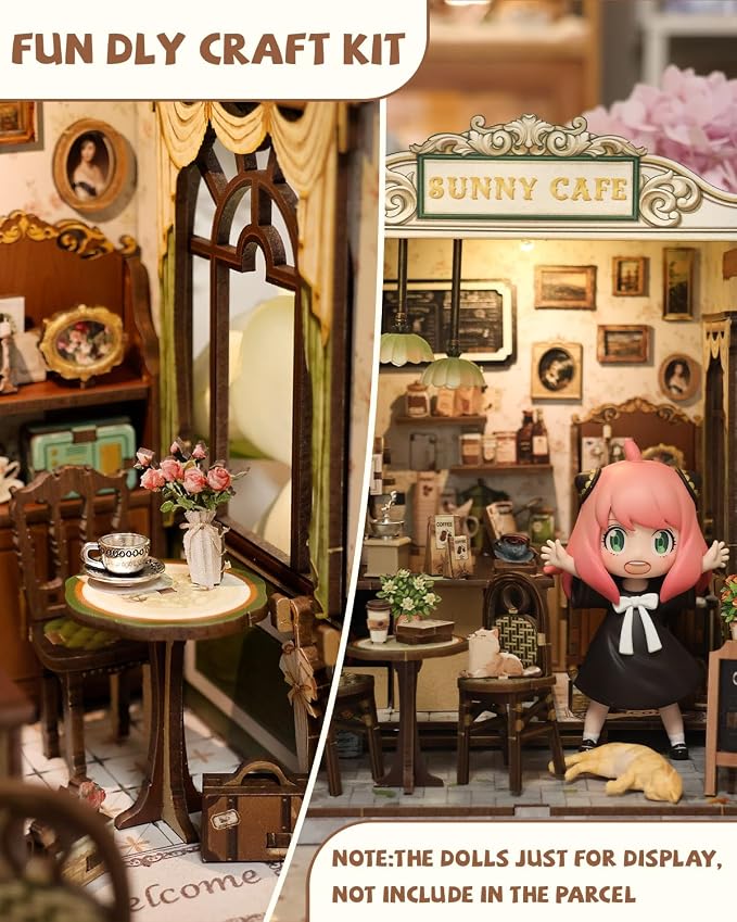 Cutefun Book Nook Kit - DIY Miniature Coffee Shop Dollhouse Kit for Adults and Teens, 3D Wooden Puzzle Bookshelf Insert Decor with LED Light, Gifts for Book Lovers and Beginners (Sunny Cafe)