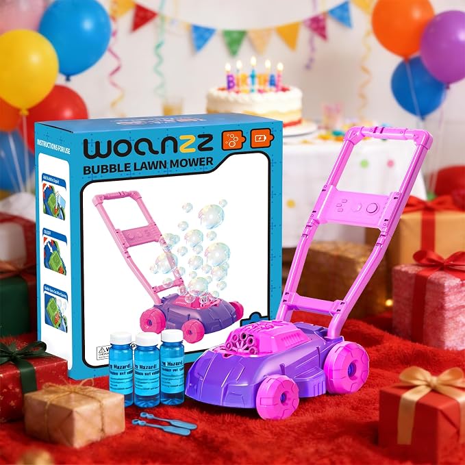 Bubble Lawn Mower for Toddlers 1-3, Automatic Bubble Blowing Machine Pretend Summer Gardening Play Bubble Toys for Age 1 2 3 Year Old Boys Girls Indoor Outdoor Use, Pink