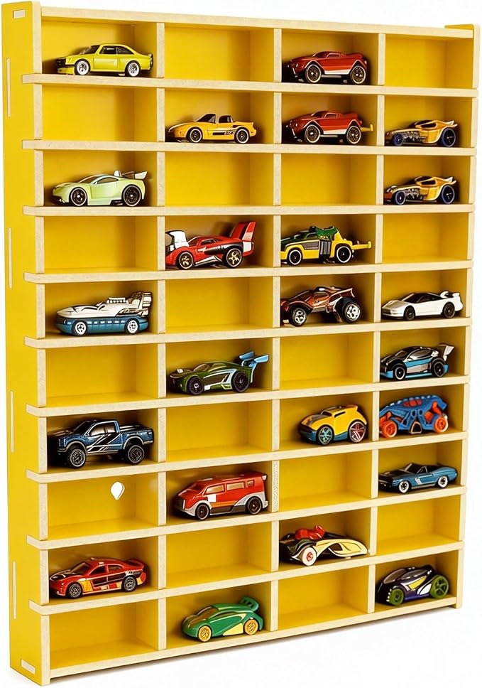 Krafetto Toy Car Display Shelf, Holds 40 Diecast 1/64 Toys Car, Wall Mount Model Cars Storage Organize Case (Yellow 1/64 Toy Car Display Shelf)