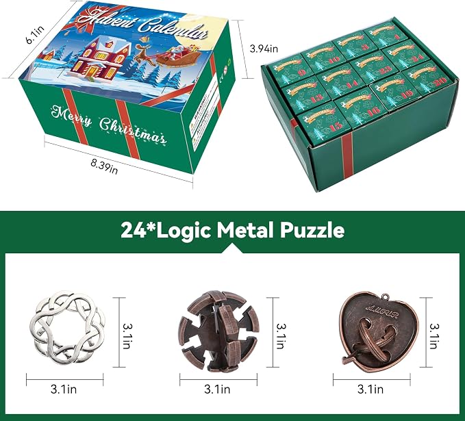 Advent Calendar 2025, Christmas Countdown Calendar Gift Box with 24 Brain Teaser Puzzles, 24 Days Metal Difficult Magic Brain Teaser Puzzles Xmas Countdown Calendar Challenge for Adults Teens