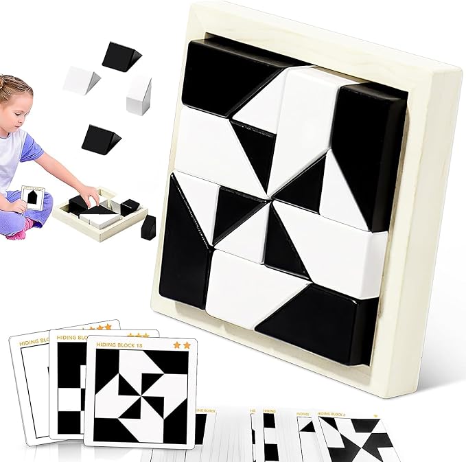 Puzzle Blocks for Kids,Education Puzzle Toy with Storage Tray,Brain Teaser with Challenges Cards 3D Logic & Spatial Thinking Tabletop Toy for Boys Girls