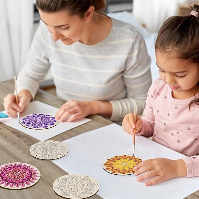 HOTPLACY 24 Sets Mandala Wind Chimes Craft for Kids | DIY Wood Hanging Bulk Ornaments, Painting Craft, Color Your Own, School Home Party Activity Project Decor