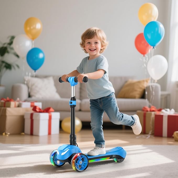Electric Scooter for Kids Ages 3-8, 3 Wheels Electric Scooter, Electric Kick Scooter with 2 Speeds, Long Battery Life, Flashing LED Wheels, Adjustable Height, B2 with Bluetooth Music for Boys/Girls