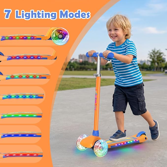 TONBUX Kids Scooter for Ages 3-8: 3-Wheel Kick Scooter with LED Light-Up Wheels & Deck, 7 Lighting Modes, 4 Adjustable Heights, Metal-Reinforced Deck, Lean-to-Steer Balance Training Toddler Scooter