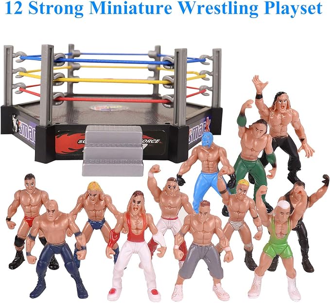 32Pcs Wrestling Toys for Kids, Wrestlers Playset with 12 Wrestling Action Figures, Wrestling Rings, Many Realistic Accessories, Toy Figures & Playset Gift for 2 3 4 5 6 Boys Girls, Cool Cake Toppers