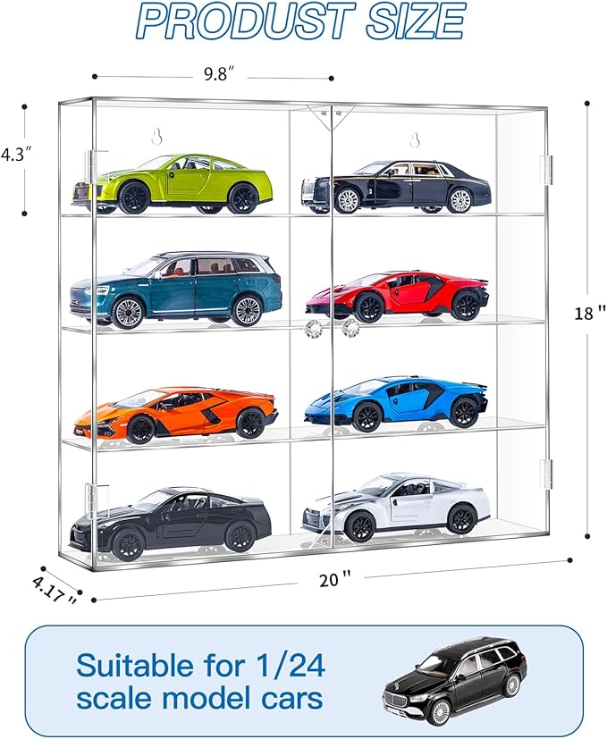 JUESHA Acrylic Display Case for 1/24 Scale Diecast Storage, 4 Levels 8 Slots Toy Cars Showcase Wall Mount Or Desktop, Clear Display Organizer for Nascar Diecast Model Car Tabletop