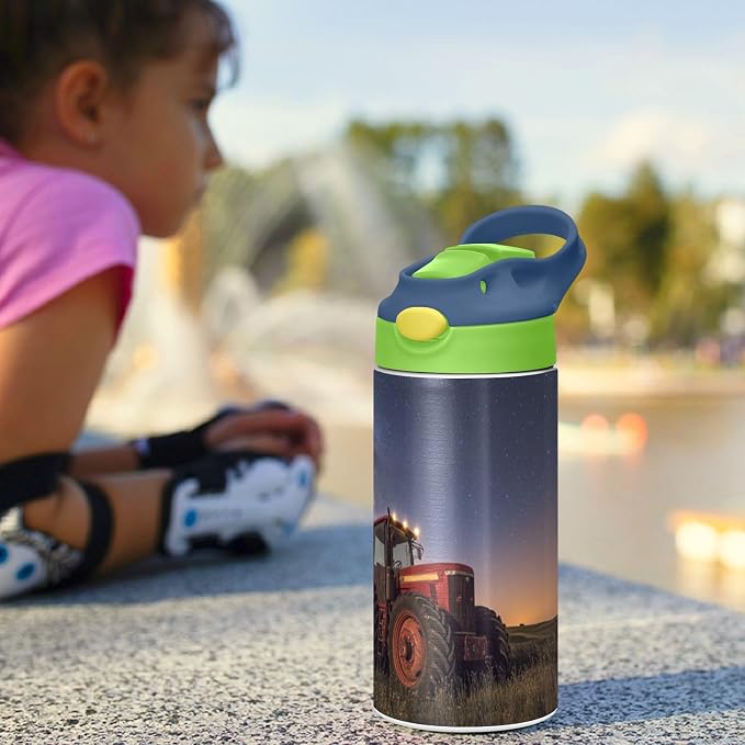 Boccsty Red Tractor Milkyway Galaxy Kids Water Bottle with Straw Lid Insulated Stainless Steel Reusable Tumbler for Boys Girls Toddlers 12 oz Green