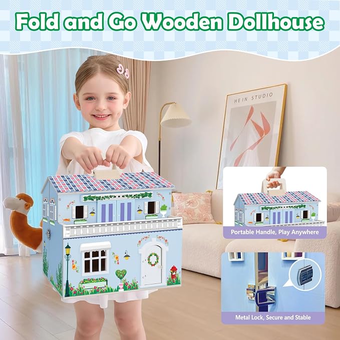 SIMPLIPLAY Wooden Dollhouse, DIY Portable Pretend Play Doll House Set with 4 Rooms, 13 Furnitures, 2 Dolls, 3 Sticker with 2 Styles, Enhance Creativity, Doll House for Kids Toddler Christmas Birthday