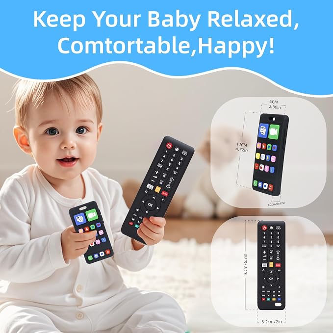 Baby Silicone Teething Toys for Babies 0-6 Months,Phone and Remote Teether Toys for Toddlers 6-12 Months,2 Pack Teether Toys Sensory Toys for Babies,Baby Chew Toys for 6-12-18 Months