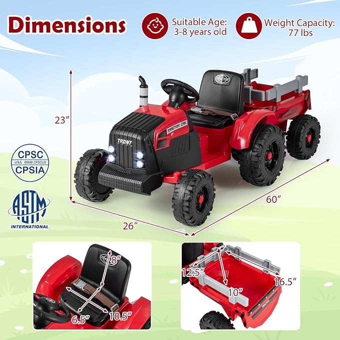 Costzon 24V Ride on Tractor with Detachable Trailer, Kids' Electric Vehicles with 3 Speeds, 15° Climbing, Wireless Design, Horn & Music, Remote Control Tractor Toy for Kids 3+,Gift (24V, Red)