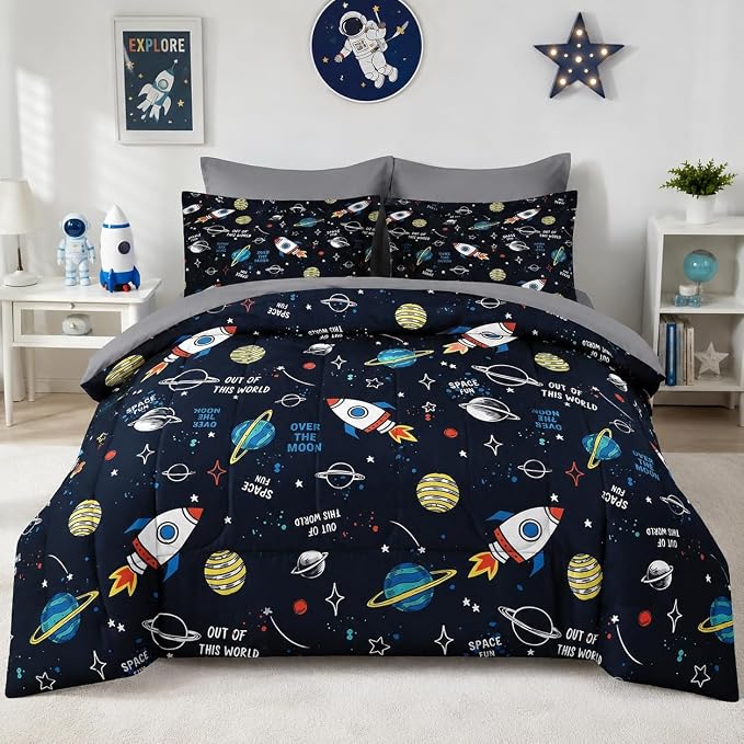 Nesker Comforter Set Queen Size, Space Moon Universe 7 Pcs Bedding for Kids Teens, Rockets Planets Starswith Fitted Sheet 2 Pillowcases & 2 Shams for Bedroom Bed Decor