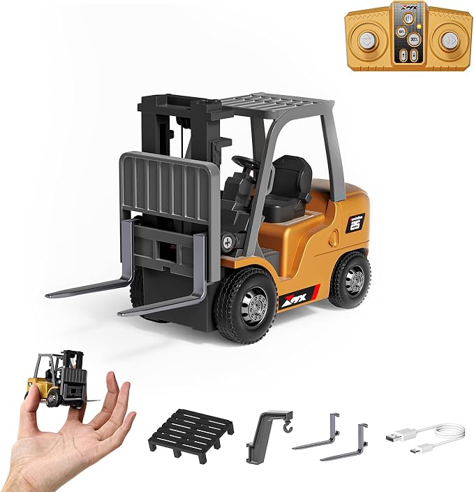 BRRRRT 1/64 RC Forklift Toy 7 Channel 2 Mode Mini Remote Control Forklift Truck with Rechargeable Battery, 2 in 1 Transformable Lift Fork & Hook with Lights & Sounds for Adults Kids Boys and Girls