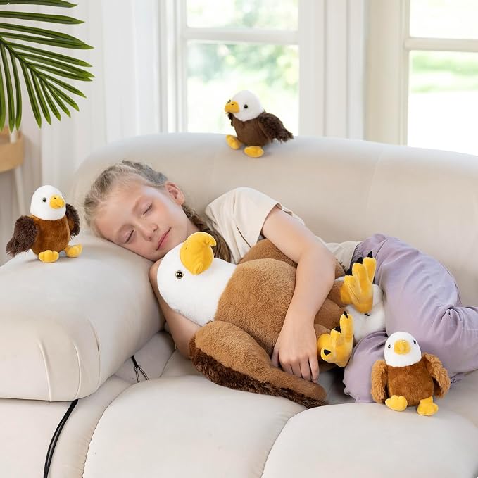 6 Piece Bald Eagle Plush Toy Set, 16 Inch Mother Eagle Stuffed Animal with 3 Baby Eagles and 2 Eggs, Soft Eagle Plush Family for Kids Boys Girls, Birthday for Bird Lovers