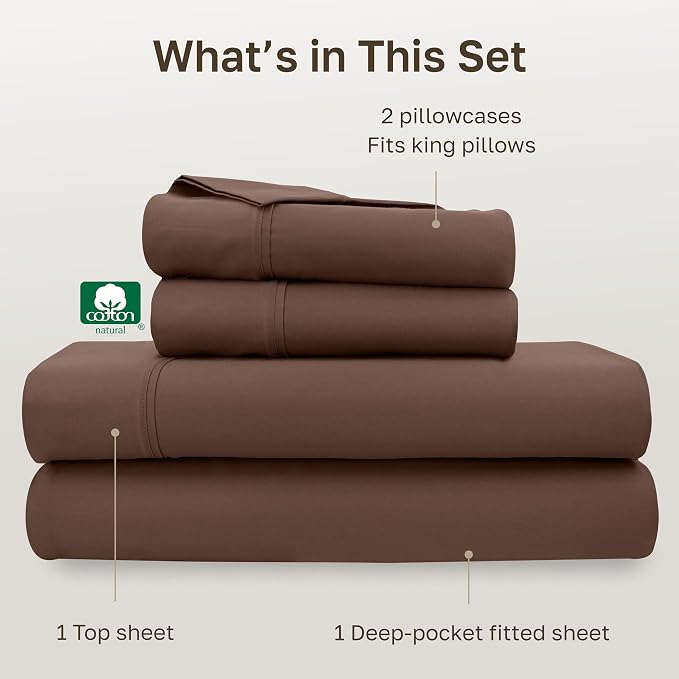CALIFORNIA DESIGN DEN Soft 100% Cotton Bed Sheets King Size Set, 400 Thread Count Good Housekeeping Award Winner, Silky Smooth Sateen, Durable Deep Pocket King Bed Sheet Set - Espresso Chocolate Brown