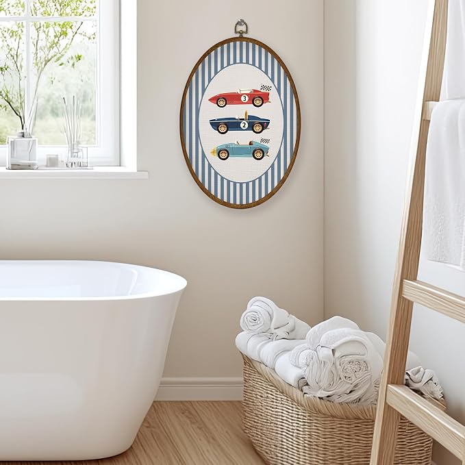 WULQYING Race Car Boy Nursery Wall Art Decor, Boys Room Oval Framed Canvas Art Prints, Vintage Race Car Blue Striped Wall Hanging Decor for Kids Nursery Room Bedroom Playroom, 8.6x11.4 Inches